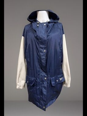 Womens XL Reebok Long Blue Hooded Windbreaker Lined Jacket Lightweight Snap